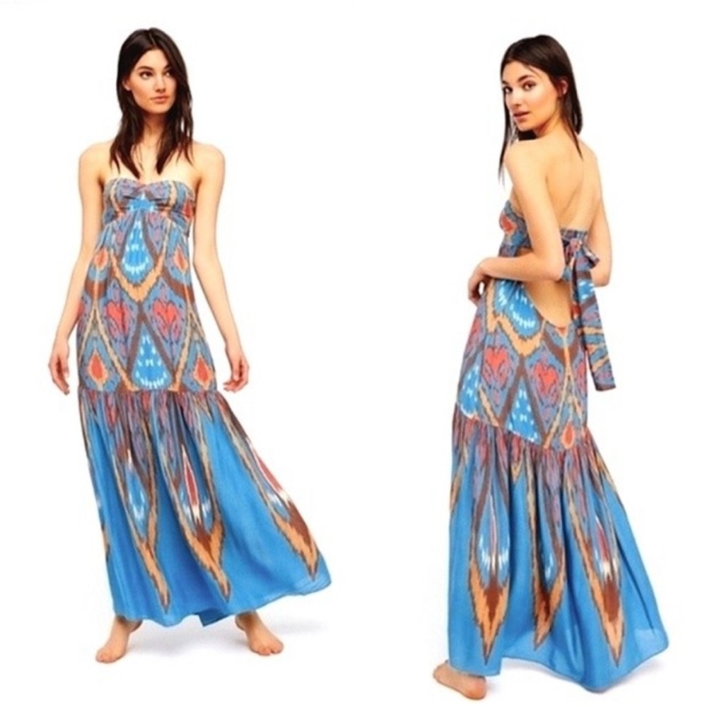 Free People Mojave Maxi Boho Strapless‎ Dress Tie Back Blue Combo Size XS - Picture 3 of 10